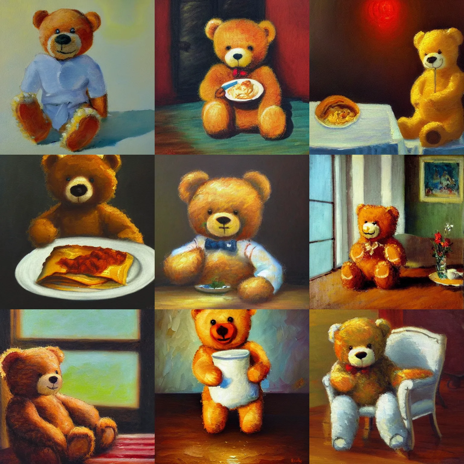 Prompt: a happy teddy bear eating lasagna, the teddy bear is sitting in a white chair at a white on a wooden terrace, impressionist oil painting, dramatic lighting