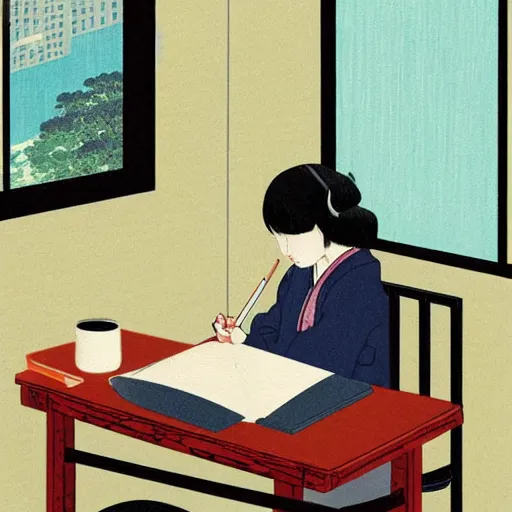 Prompt: An expressive painting by Hasui Kawase of a Japanese girl sat writing in a journal while wearing headphones illuminated by a desk lamp, in the background is a window overlooking a rainy night-time city, with a cat resting on the window cill, a relaxed and dreamy atmosphere, highly atmospheric with dynamic lighting, highly detailed, 8K