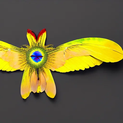 Prompt: multicolor open wings, a yellow 8-point-star in the center, an open eye in its center, space in the background, but as a photograph