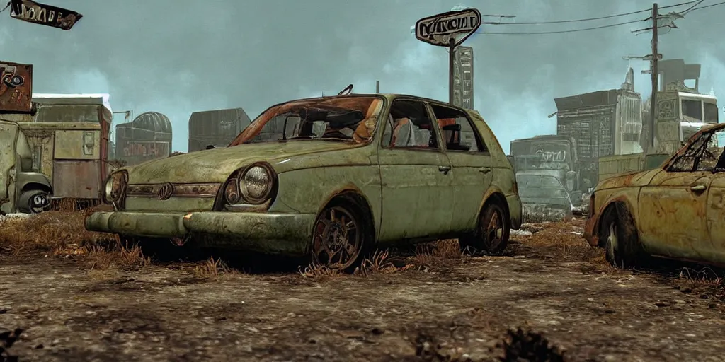 Image similar to Rusty Volkswagen Golf, screenshot from game Fallout 2 (1998), postapocalyptic