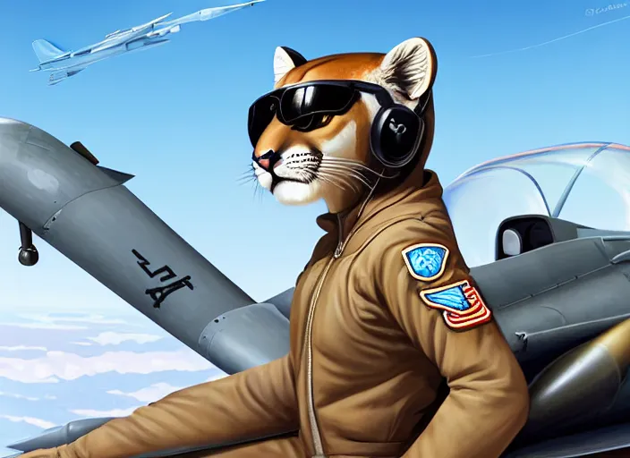 Prompt: character portrait feature of the anthro female anthropomorphic puma bobcat mountain lion fursona wearing aviator sunglasses fighter jet pilot outfit uniform sitting in a fighter jet cockpit flying plane professional pilot for us air force character design stylized by charlie bowater, ross tran, artgerm, and makoto shinkai, detailed, soft lighting, rendered in octane