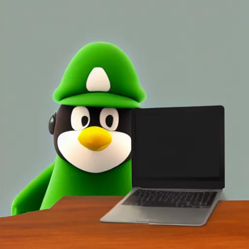 Image similar to penguin from linux with a luigi hat sits in front of a laptop, background is a room filled with anime posters, digital art, blender, 4 k