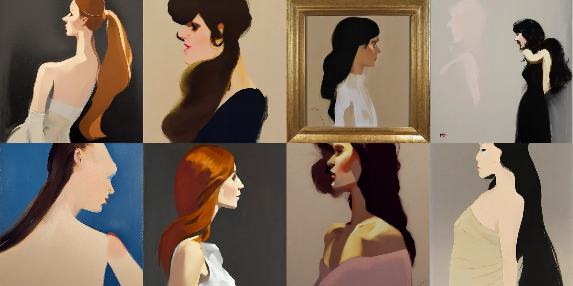 Prompt: girl with long hair, profile, silk dress, by michael carson