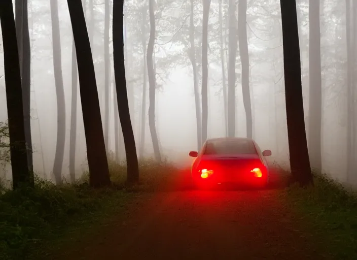 Prompt: car praked in the woods with red tail light. backlit. foggy night