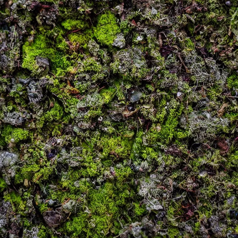 Image similar to a lichens and moss close-up various fungus, mushrooms and plants, inside the picture is infinity, Atmospheric phenomenon, artistic photography, muted colors, conceptual, long exposure outside the city, volumetric light