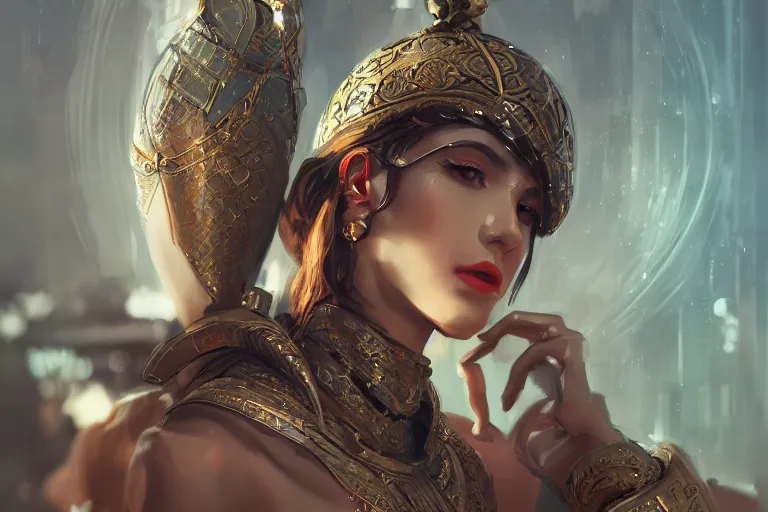 Image similar to photo of goddes of war in modern city, elegant, highly detailed, smooth, sharp focus, illustration, beautiful, geometric, trending on artstation, cinematic, artwork by WLOP