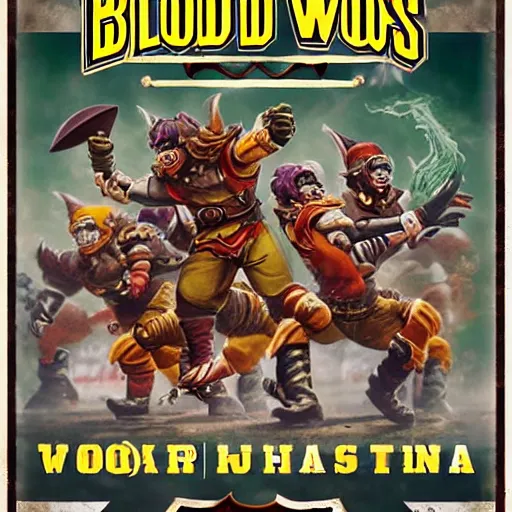 Prompt: blood bowl game poster, elves playing versus humans, intense game, nfl style, high quality, in style of tarantino