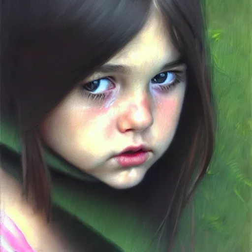 Prompt: a realistic illustration portrait of a beautiful cute girl with wavy black red shoulder - long hair, a pointy nose and, round chin black eyeliner and green pupills, in a garden, trending on artstation, hyper - realistic lighting, intricate by casey baugh