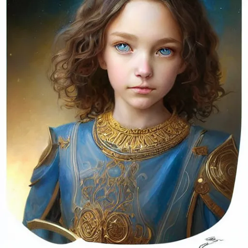 Image similar to a little girl with short wavy curly light brown hair and blue eyes, a space empress in byzantine style. beautiful highly detailed face, painting by artgerm and greg rutkowski and raymond swanland.