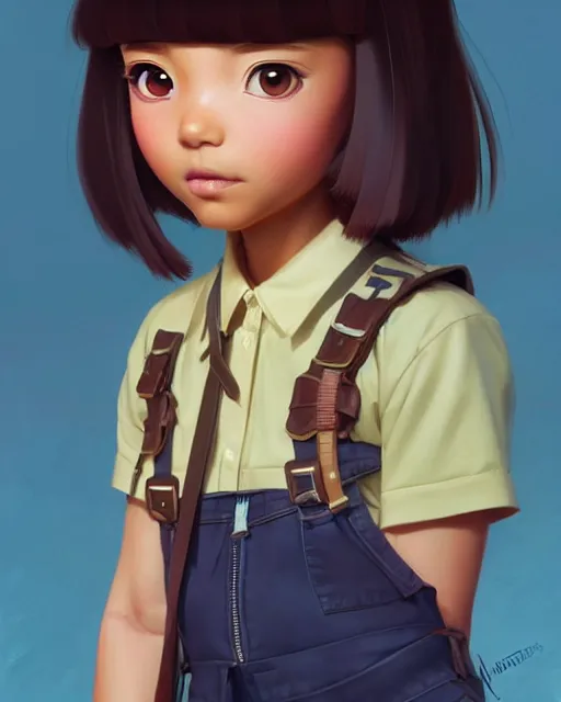 Image similar to real girl dora the explorer wearing her cloth made from leather, fine detail!! anime!! realistic shaded lighting!!, kim hyun joo, digital painting by ilya kuvshinov, magali villeneuve, artgerm, jeremy lipkin and michael garmash and rob rey