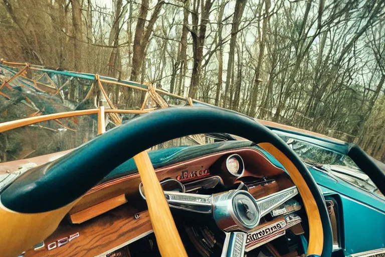 Prompt: a 1 9 6 6 pontiac gto driving on a wooden rollercoaster, first - person perspective, fujifilm quicksnap 4 0 0 photography