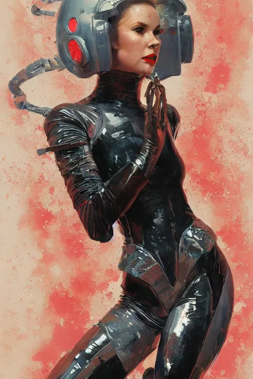 Image similar to pulp scifi fantasy illustration full body portrait of elegant woman wearing latex spacesuit, by norman rockwell, jack kirby, bergey, craig mullins, ruan jia, jeremy mann, tom lovell, 5 0 s, astounding stories, fantasy