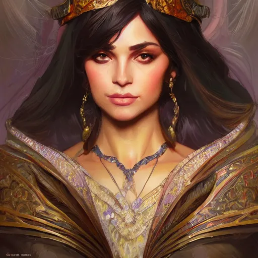 Image similar to persian princess, D&D, painted fantasy character portrait, highly detailed, digital painting, artstation, concept art, sharp focus, illustration, art by artgerm and greg rutkowski and alphonse mucha