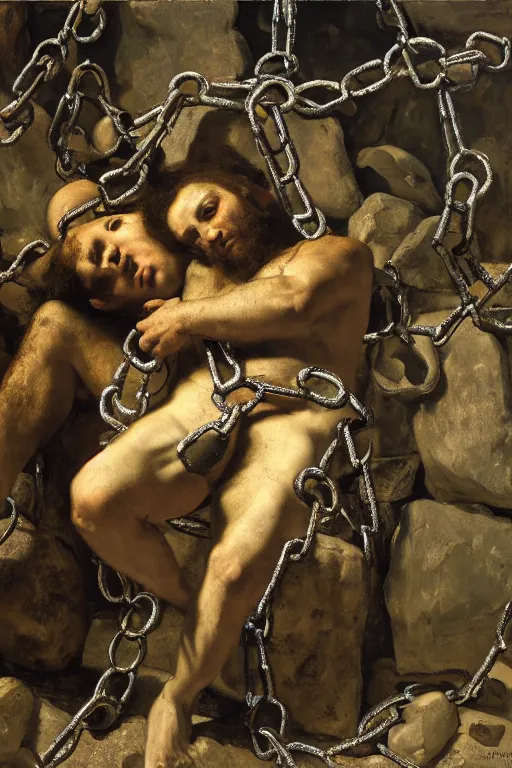 Image similar to chains an rocks and broken mirrors, 8 k, hdr, great light, gustave courbet, annie leibowitz