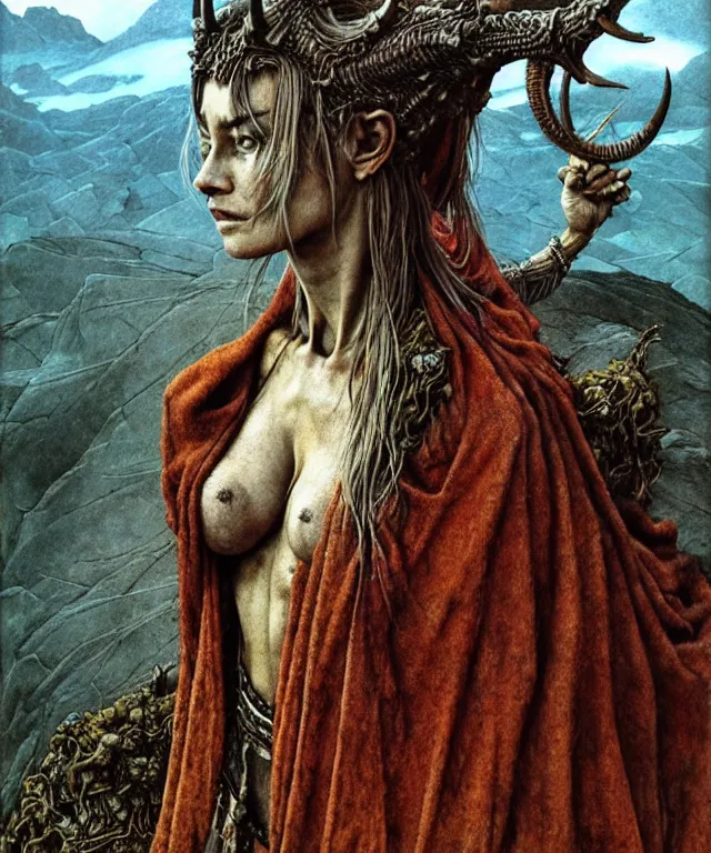 Image similar to A detailed horned dragonwoman stands among the hills. Wearing a ripped mantle, robe. Perfect faces, extremely high details, realistic, fantasy art, solo, masterpiece, art by Zdzisław Beksiński, Arthur Rackham, Dariusz Zawadzki