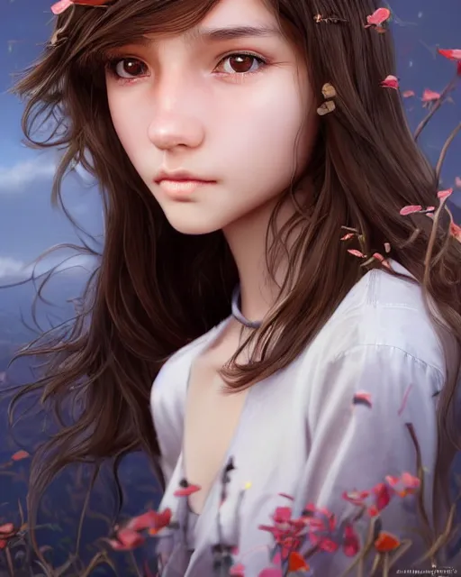 Image similar to 1 5 - year old girl with lush frizzy brown hair, large front teeth, and bright piercing brown eyes, hyper realistic face, beautiful eyes, character art, art by artgerm lau and wlop and and ilya kuvshinov and john singer sargent, hyperdetailed, symmetrical, cryengine, trending on artstation, digital art