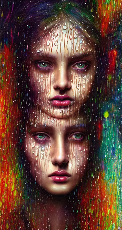 Image similar to portrait of a girl in psychedelic LSD rain with wet hair and face, fantasy, intricate, elegant, dramatic lighting, emotionally evoking symbolic metaphor, highly detailed, lifelike, photorealistic, digital painting, artstation, concept art, smooth, sharp focus, illustration, art by John Collier and Albert Aublet and Krenz Cushart and Artem Demura and Alphonse Mucha