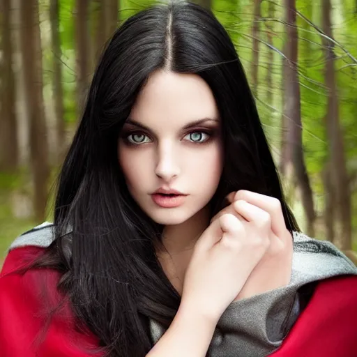 Prompt: raven haired seductive supermodel maiden with stunning light eyes with a beautiful face, fair soft skin, wearing a cloak, in a creepy forest