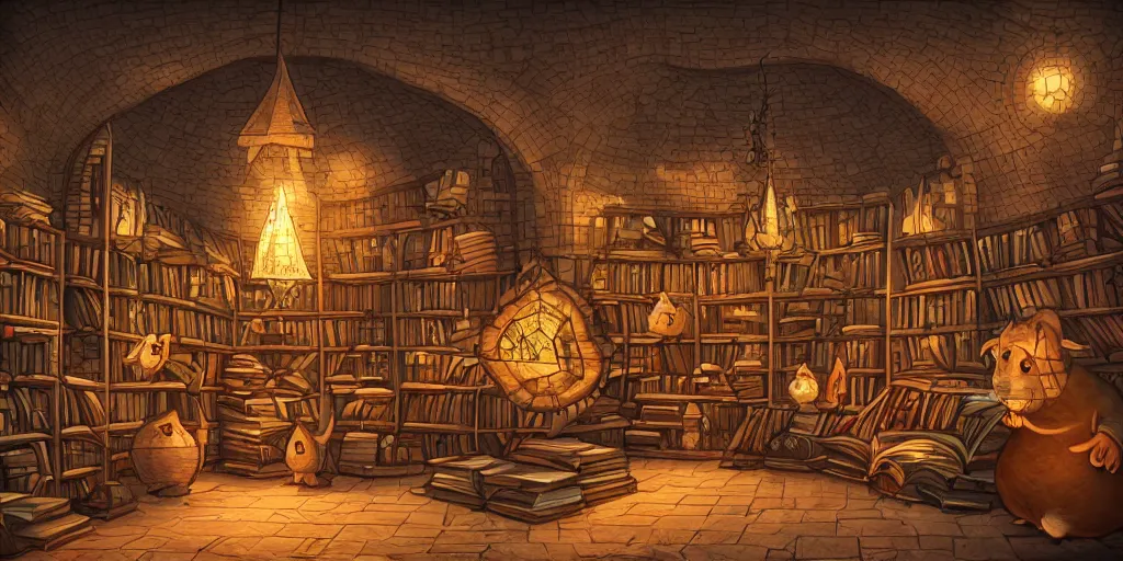 Prompt: wizard rats in wizard clothing, vast library, bookshelves, wooden banks, wooden tables, mosaic stone floor, passages, cel shading, 3 d art, 3 d cg, digital art, celestial, majestic, mystical, cinematic light, candles, chandelier, lanterns, soft light