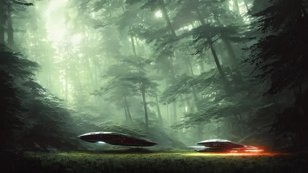 Prompt: a spaceship lost in the forest, detailed digital art by greg rutkowski.