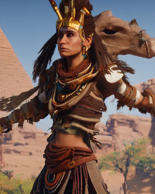 Image similar to character concept art of the egyptian high priestess isis aset, screenshot from horizon zero dawn, 4 k uhd, octane render