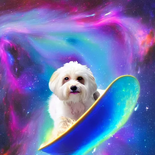 Prompt: a cream-colored Havanese dog surfing on top of a cosmic wave of iridescent energy, with a background of gorgeous nebulas and galaxies Rutkowski, 4k, masterpiece