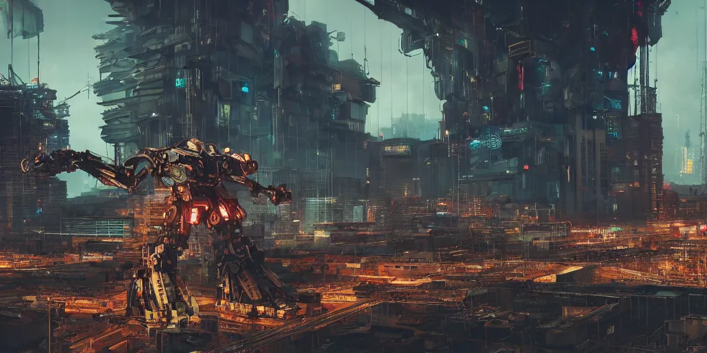 Prompt: Panorama screenshot massive mecha walking in detailed construction cyberpunk city highly detailed with neon lights, dusk, massive construction rigging, rust, bright, daytime, sci-fi, science, industry, realistic, in the style of grandfailure, Tithi Luadthong, dynamic dramatic dark moody lighting,shadows,cinematic atmosphere,Artstation,concept design art,Octane render,8K