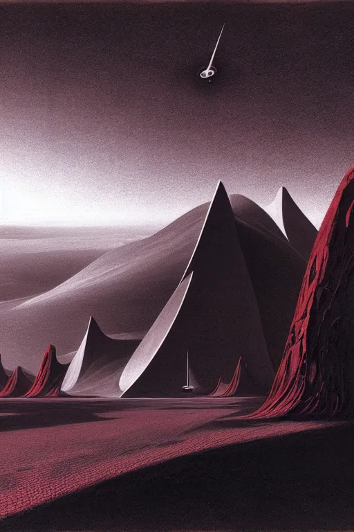 Prompt: emissary mountain space by arthur haas and bruce pennington and john schoenherr, cinematic matte painting, zaha hadid building, red lights, photo realism, dark monochrome color palate, rule of thirds