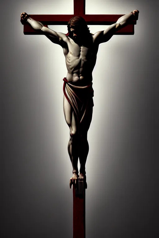 Prompt: full body shot, jesus on cross, painting by caravaggio, mikelangelo, donatello, masterpiece, highly detailed, artstation, concept art, dark background, octane render