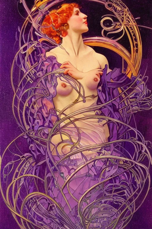 Prompt: she dreams of arcs of purple flame intertwined with glowing sparks, glinting particles of ice, dramatic lighting, steampunk, secret holographic cyphers, red flowers, bright neon solar flares, high contrast, smooth, sharp focus, art nouveau, painting by Caravaggio and Daytoner and Alphonse Mucha