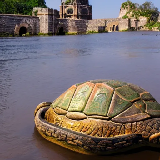 Prompt: fantasy, ancient city located on the back of a turtle floating on water