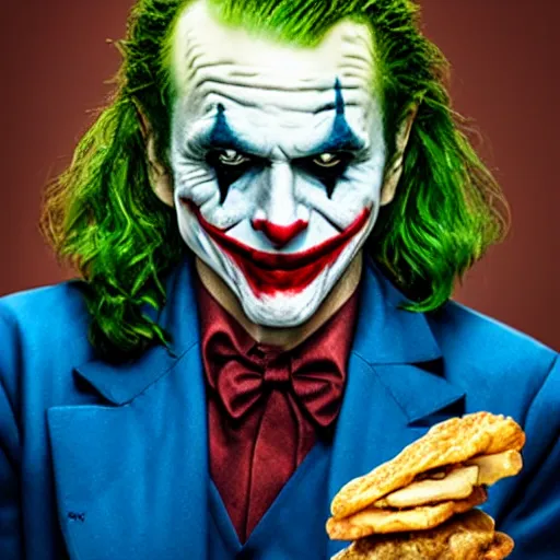 Image similar to The Joker eating a chicken biscuit, 8k