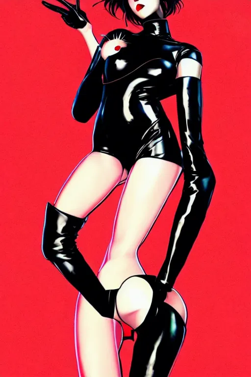 Image similar to dreamy girl character with perfect body in a nice black leather suit and red lips, very artistic pose, background in blurred, perfect lighting. professional design. great composition, illustration, highly detailed, digital painting, concept art, trending on artstation, by katsuya terada