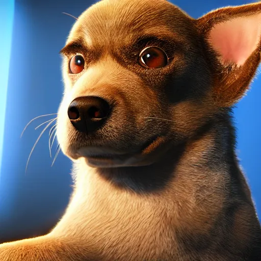 Image similar to crisp quality and light reflections, photorealistic portrait, studio lighting, still photo of a cute dog, bright studio setting, highly detailed, unreal engine 5 quality render