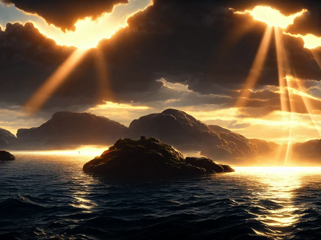 Prompt: god rays reflecting in the sea, dramatic lighting, cinematic, establishing shot, high detail, cinematic lighting, post processed, 8k, concept art, artstation, matte painting, in the style of eddie mendoza, raphael lacoste, alex ross
