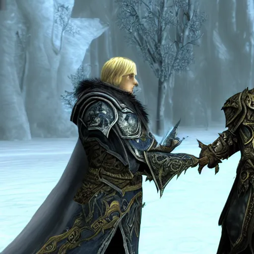 Image similar to arthas menethil shaking hands with skyrim's dragonborn