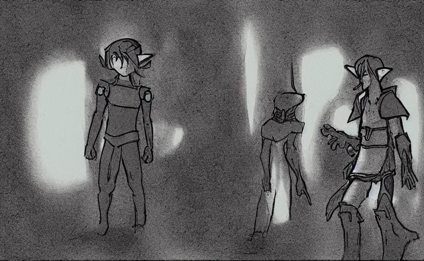 Image similar to link and midna from [ [ [ [ [ zelda ] ] ] ] ] talking to an inhuman guard in a dark corridor, drawn in the over the garden wall style, creepy shadows