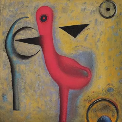 Image similar to Oil painting by Rufino Tamayo. Mechanical gods with bird faces kissing. Oil painting by Lisa Yuskavage.