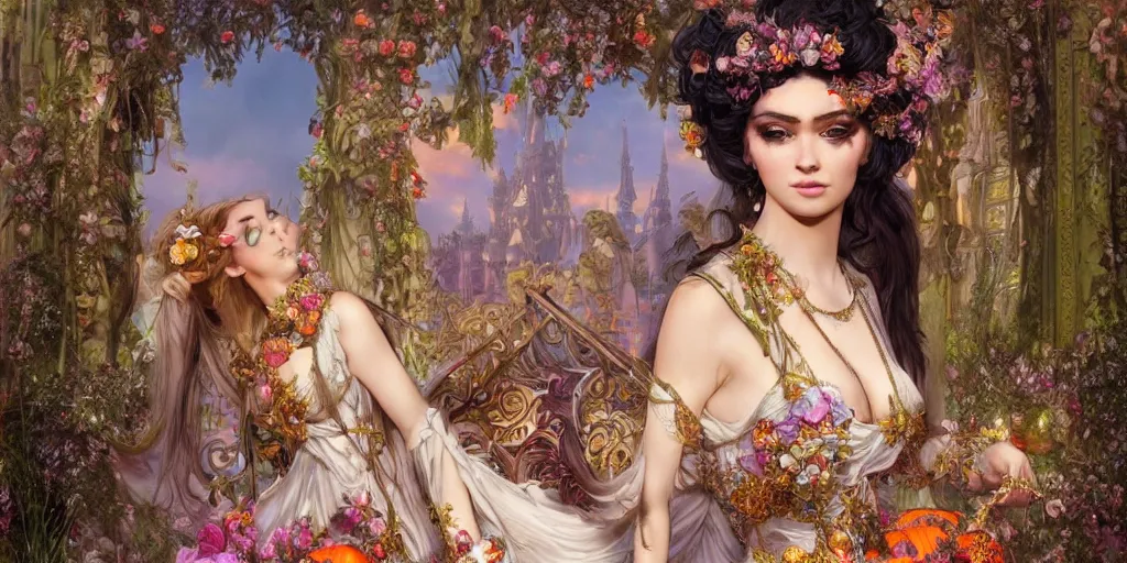 Image similar to fairytale princess played by kardi b with lovely detailed realistic face and extraordinary sensual black dress entering the gates of her majestic palace of flowers , with horse driven , carriage made of pumpkins , epic scene unreal render hyperrealistic detail Star Wars mucha fantasy art behance