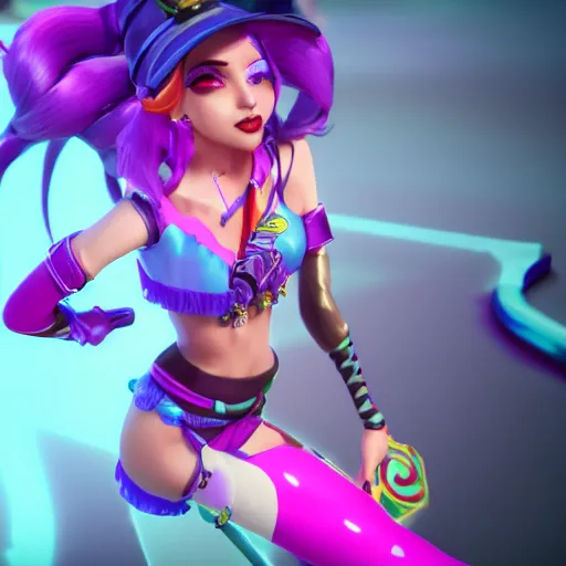 Prompt: still of pretty Jinx (League of Legends) in KDA music video. 3d render, octane render, game art, realistic, highly detailed, trending on artstation, 4k, trending on artstation, pixar, cgsociety, unreal engine 5, redshift render, trending on artstation, blender, behance, cg