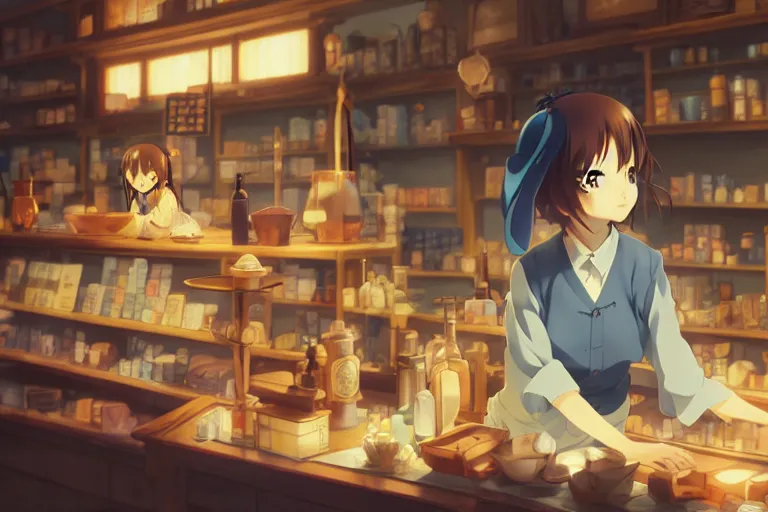 Image similar to anime visual, portrait of a young female traveler in a alchemist's shop interior, cute face by yoh yoshinari, katsura masakazu, studio lighting, dynamic pose, dynamic perspective, strong silhouette, anime cels, ilya kuvshinov, cel shaded, crisp and sharp, rounded eyes, moody, ( ( blue tones ) )