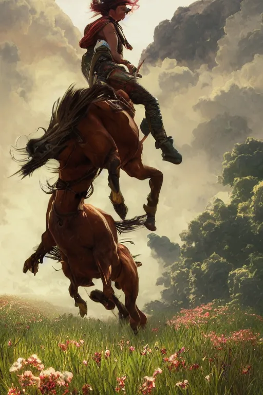 Image similar to fighter ridding a horse on a flower field, dragon, highly detailed, digital painting, artstation, concept art, smooth, sharp focus, illustration, art by artgerm and greg rutkowski and alphonse mucha and andrei riabovitchev