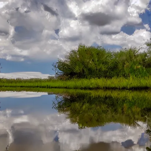 Image similar to a large metallic ball with a mirror finish site in the florida everglades covered in mud, photorealistic