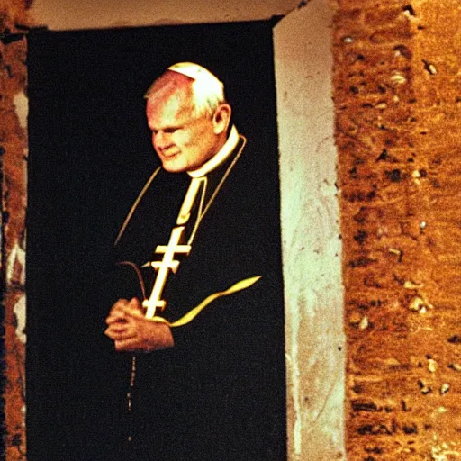 Image similar to award - winning photograph of john paul ii standing in the entrance to a small burning church building, at night, pitch black, christian cross