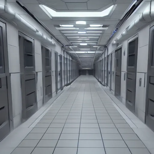 Prompt: futuristic horror science facility corridor, scp, unreal engine 5, rtx, next - gen graphics, secure contain protect, aaa game trailer, cinematic lighting, 3 d render, 4 k 6 0 fps, teaser, cinema 4 d