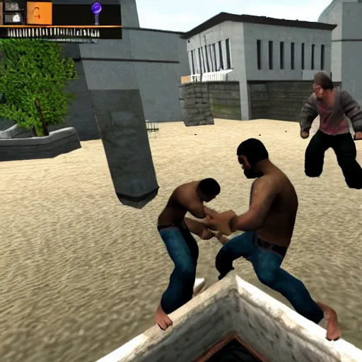 Prompt: man wrestling with eel, counter strike screenshot