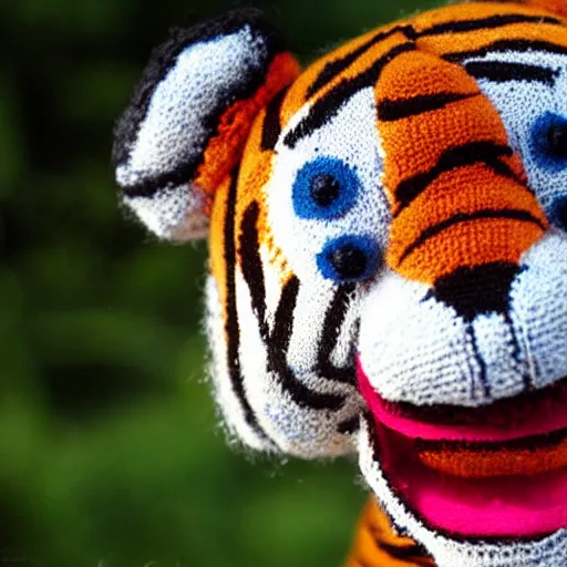 Image similar to a closeup photorealistic smiling knitted plush tiger from calvin and hobbes.