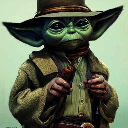 Image similar to Baby Yoda as a cowboy in Red Dead Redemption 2, intricate, highly detailed, digital painting, artstation, concept art, sharp focus, illustration, art by greg rutkowski and alphonse mucha