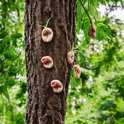 Prompt: bean pod with small human babies inside, growing in a tree, real picture