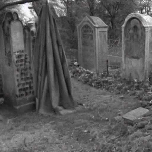 Image similar to cctv security cam grainy black and white footage of baron samedi in an overgrown graveyard. baron samedi is looking at the camera.